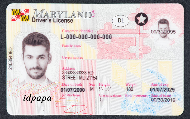Novelty Maryland driver’s license for a man labeled idpapa, with DOB 01/07/2000 and address listed as 3333333333 RD, Street, MD. Features include height 5'10', weight 180, and expiration date 01/07/2029